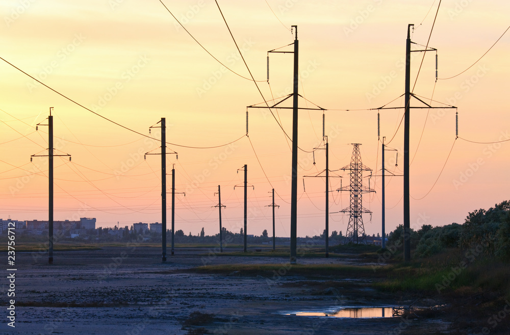 Sunset and high-voltage line