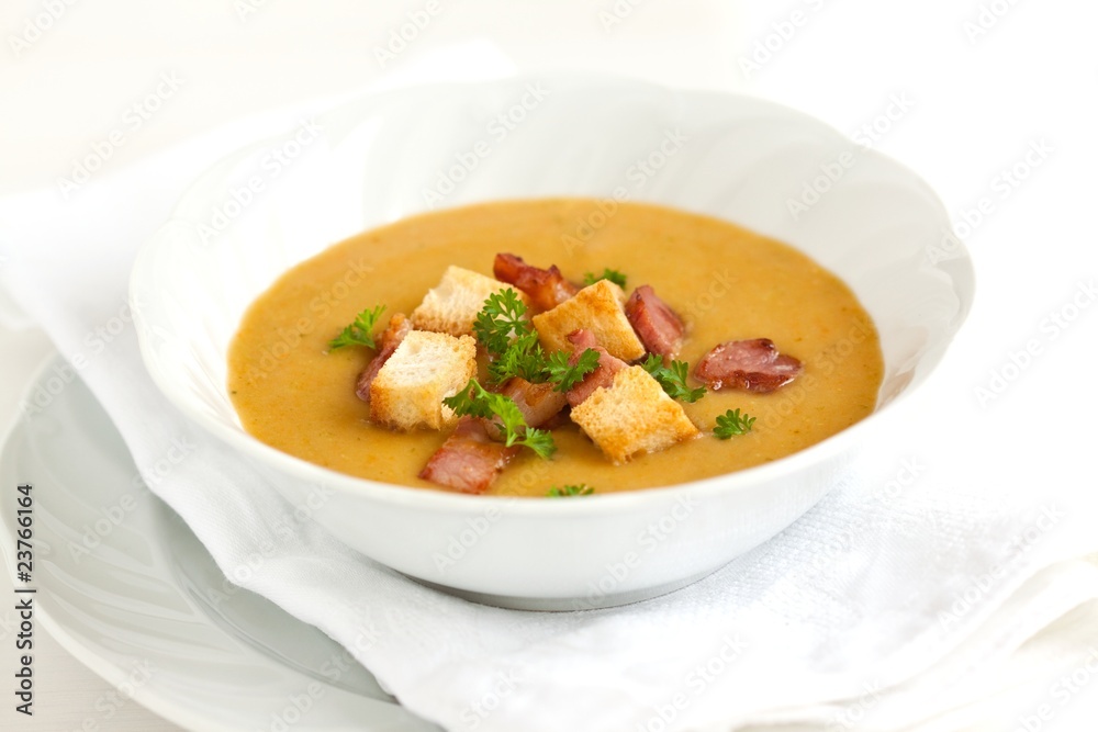 vegetable puree soup with rusk, bacon and parsley vegetable puree soup with rusk, bacon and parsley