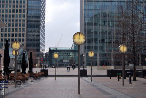 Photography Canary Wharf, London, towards Grime Street showing clocks