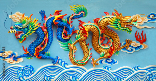 blue and gold chinese dragon at chinese temple, Thailand.