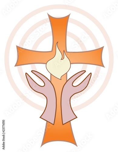 Illustration Prière Mains tendues devant Croix avec Flamme et Rayonnement Cercles concentriques Vecteur