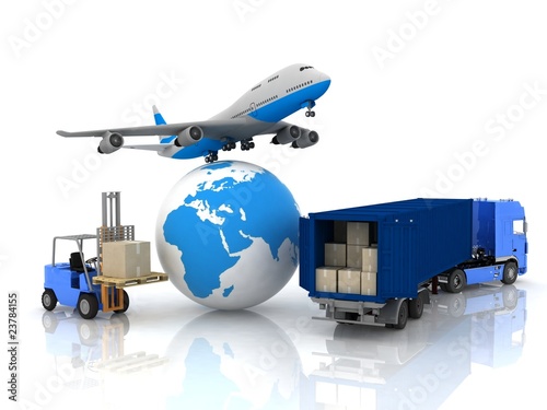 airliner with a globe and autoloader with boxes