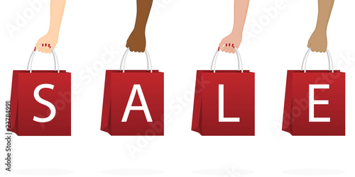 Hands holding red shopping bags spelling out "Sale".