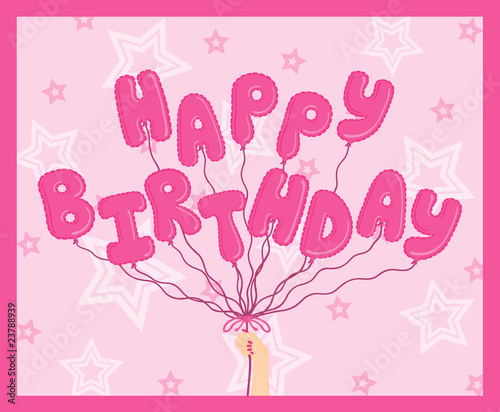 Hand holding pink "Happy Birthday" balloons on star background