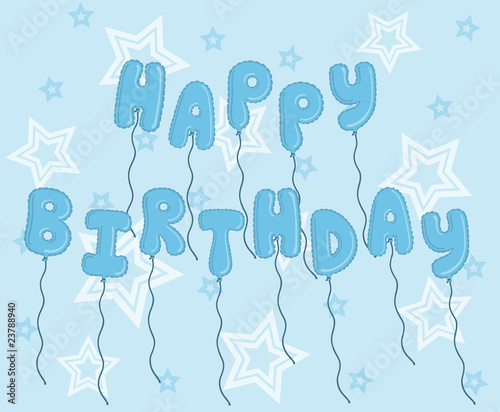 Blue balloons spelling "Happy Birthday" on a starry background