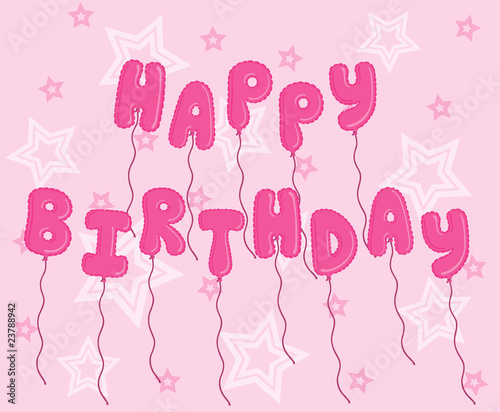 Pink balloons spelling "Happy Birthday" on a starry background