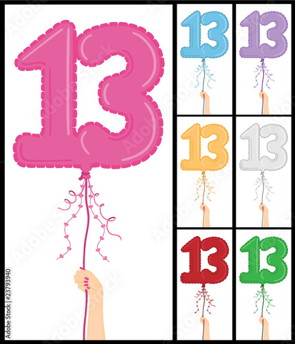 Hand holding a number 13 shaped balloon in 7 color options.