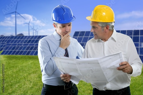 two engineer architect plan hardhat solar plates photo