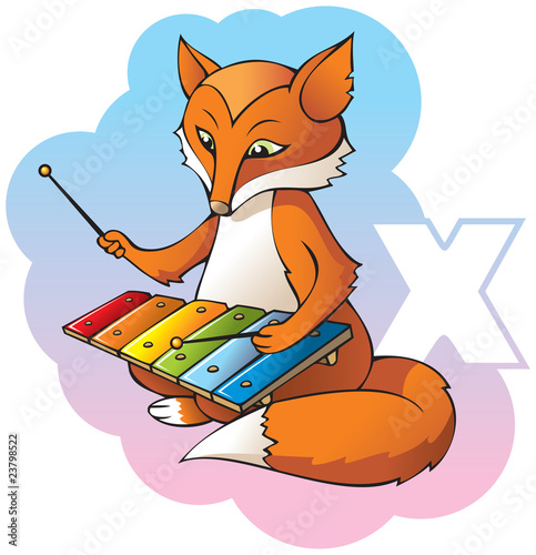 Children alphabet: letter X, foX and xylophone, vector