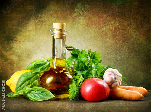 Healthy Vegetables and Olive Oil.Vintage Styled