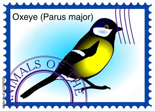 vector stamp with bird "oxeye (Parus major)"