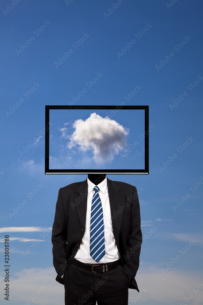 business dreamer with computer monitor head business dreamer with computer monitor head