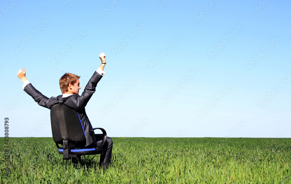 Happy young businessman on spring field Happy young businessman on spring field