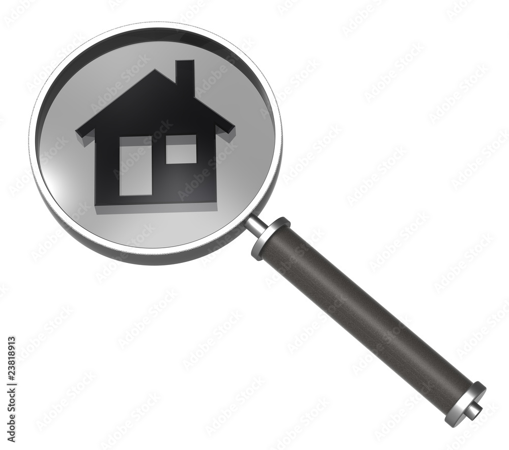 Magnifier with home icon isolated on white. Magnifier with home icon isolated on white.