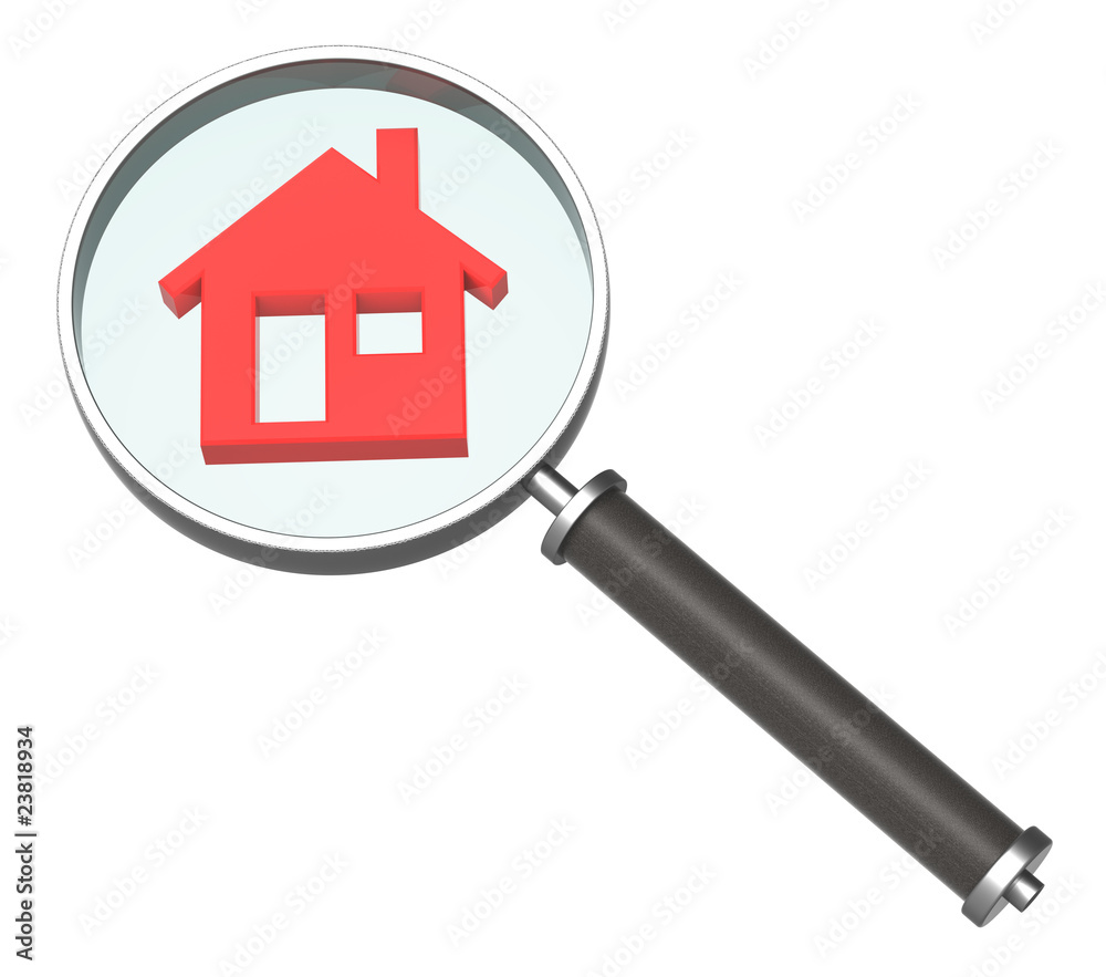 Magnifier with home icon isolated on white. Magnifier with home icon isolated on white.