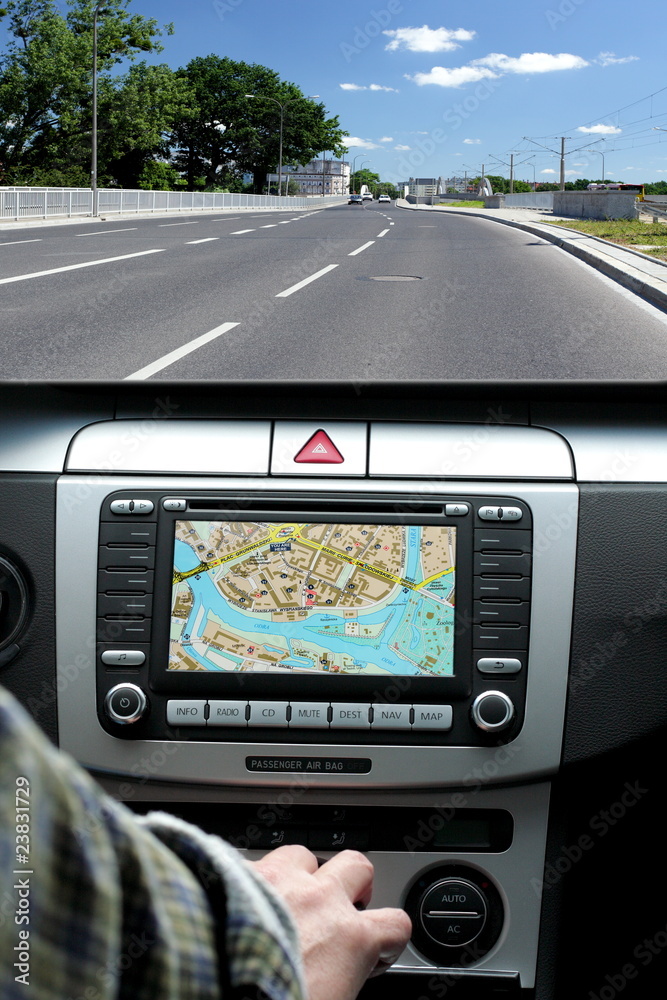 Exclusive car, windscreen, dashboard with gps panel Exclusive car, windscreen, dashboard with gps panel