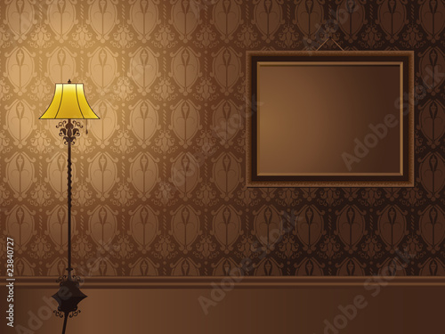 Vintage Frame hanging on wall with antique lamp.