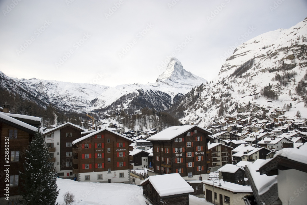 Matterhorn behind a snowy village