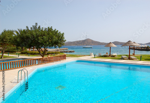 Swimming pool at the beach of luxury hotel, Crete, Greece