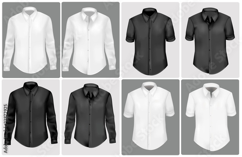 Black and white polo shirts. Photo-realistic vector.