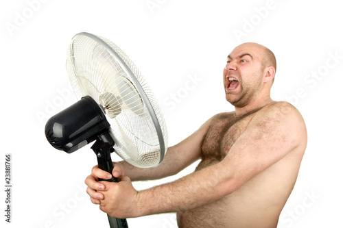 man with cooling fan , closeup, isolated background
