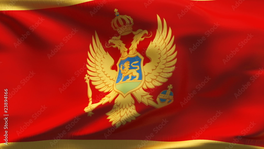 Creased Montenegro satin flag in wind with seams and wrinkle Creased Montenegro satin flag in wind with seams and wrinkle