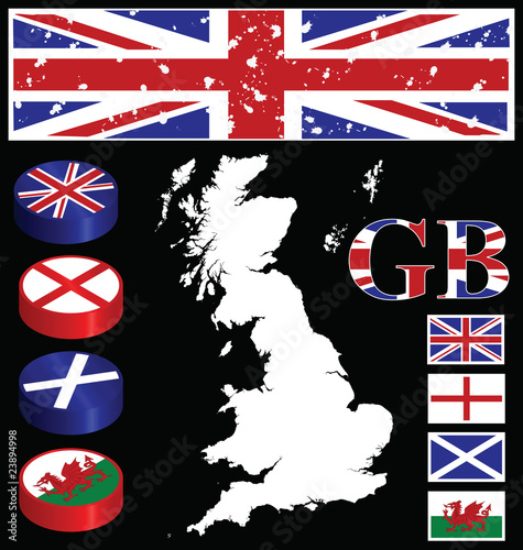 Great Briton collection of buttons flags map