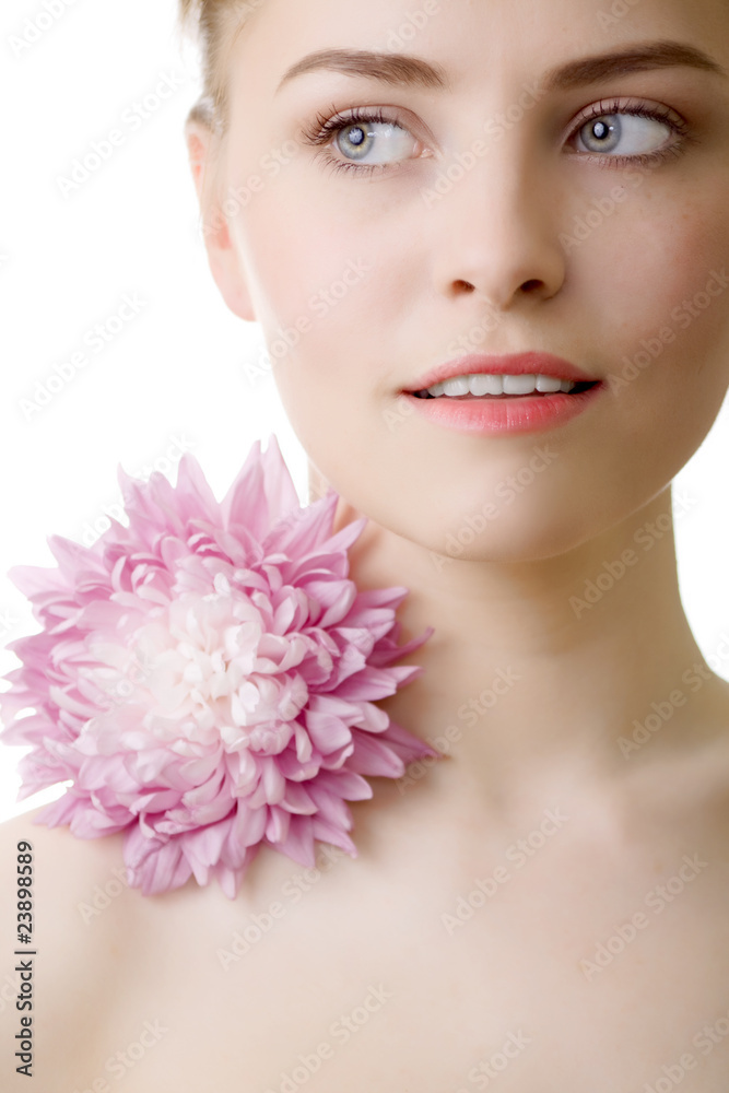 beautiful woman with pink flower on white background beautiful woman with pink flower on white background