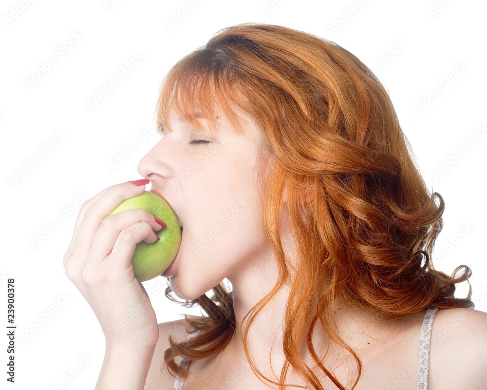 woman biting apple woman biting apple