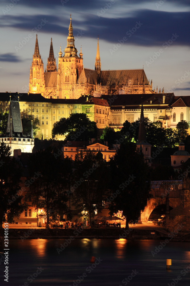 The night View on bright Prague with gothic Castle