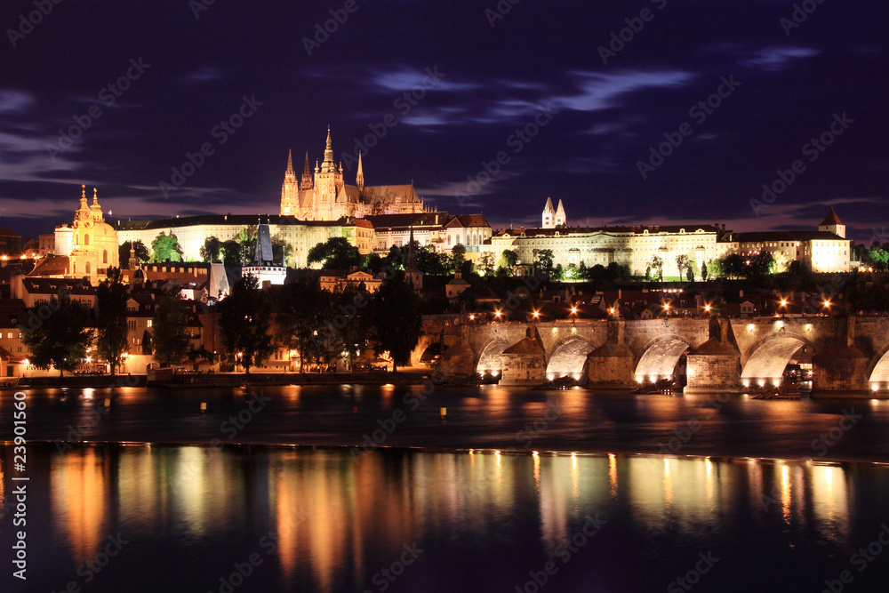 Night Prague with the gothic Castle and Charles Bridge