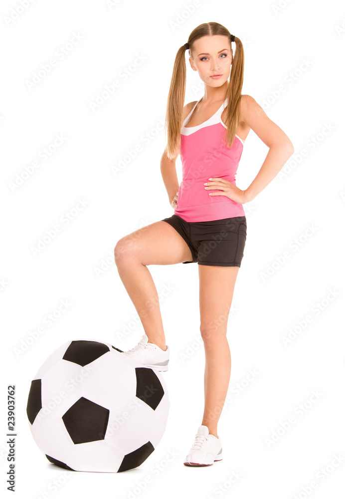 lovely woman with big soccer ball lovely woman with big soccer ball