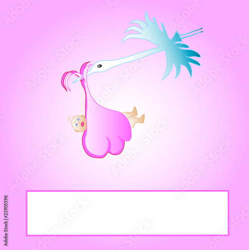 Cute pink cartoon stork carrying a newborn baby,