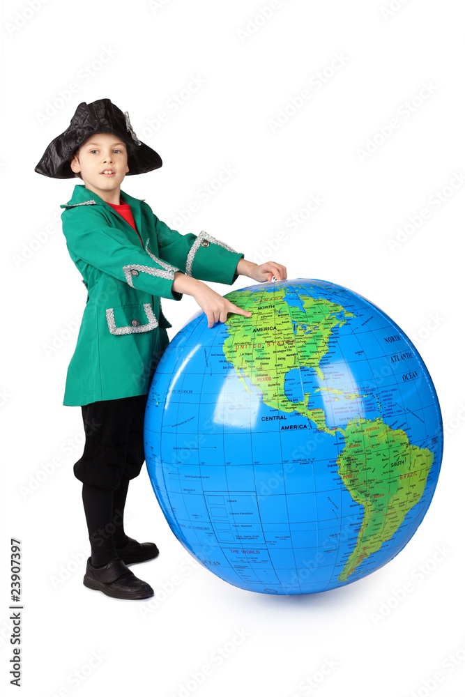 little boy in historical dress standing with inflatable globe little boy in historical dress standing with inflatable globe