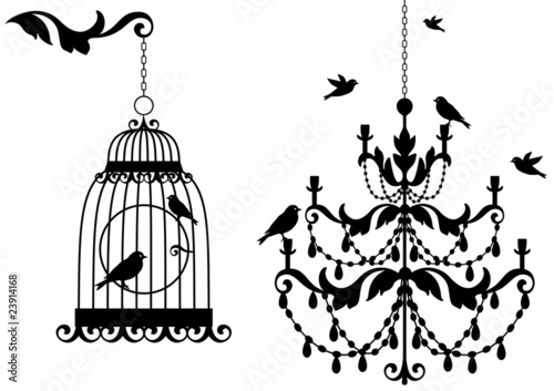 antique birdcage and chandelier with birds, vector