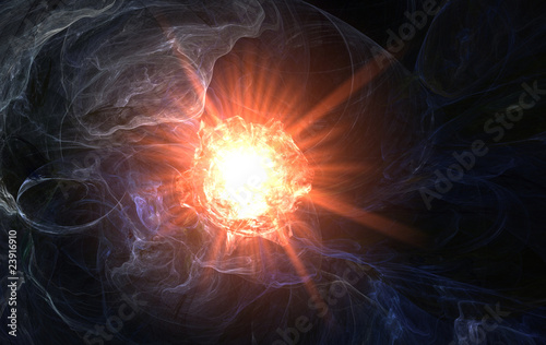 Red hell explosion in space of blue nebula