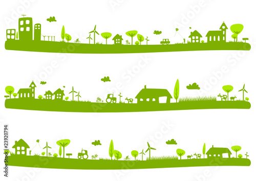 Countryside landscape set, town border, green city banner