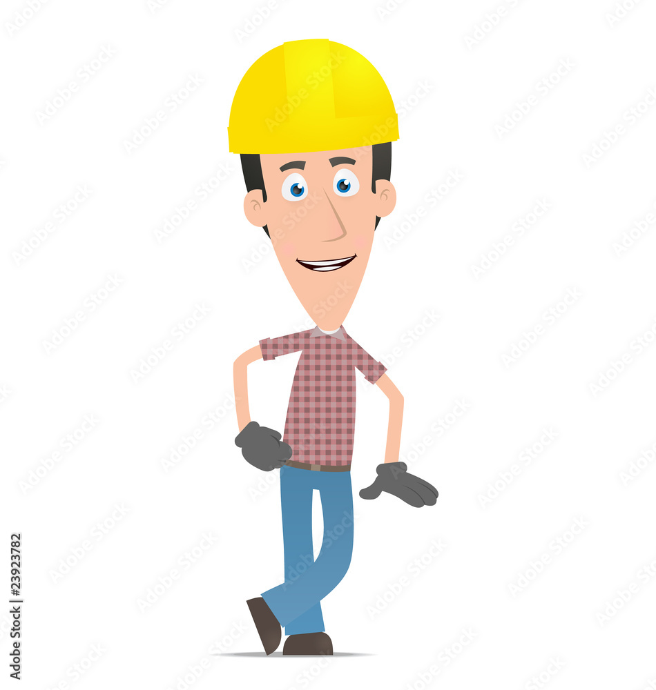 Builder stands next to a blank place Builder stands next to a blank place