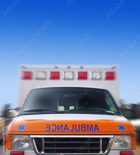 Front view of an ambulance in motion