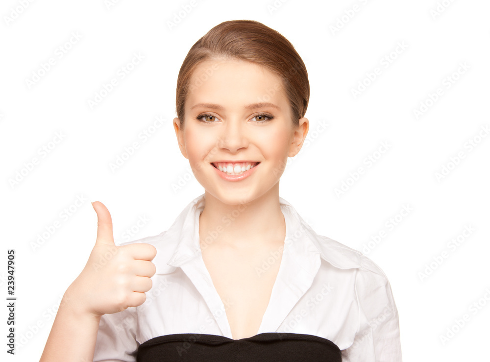 bright picture of lovely woman with thumbs up bright picture of lovely woman with thumbs up