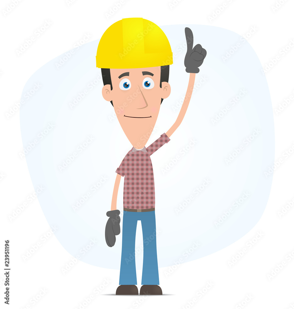 Builder points his finger at the top Builder points his finger at the top