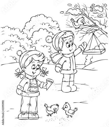 boy and girl feed sparrows ...