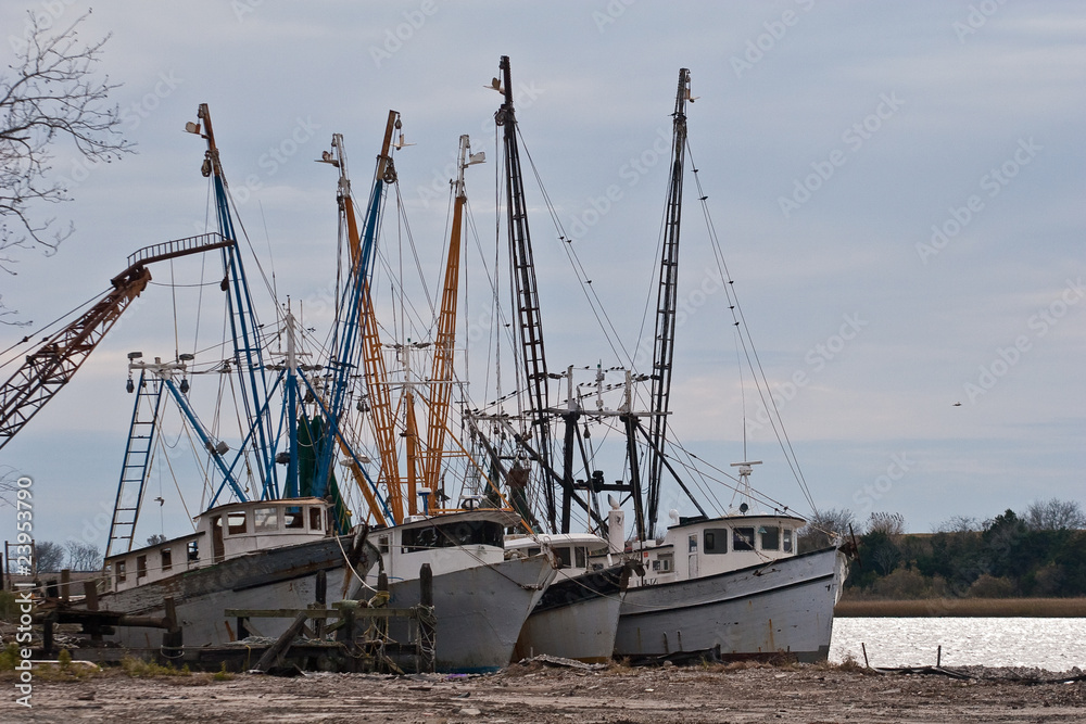 Four Old Fishing Boats on River Four Old Fishing Boats on River