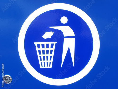 White on blue round Recycle sign.