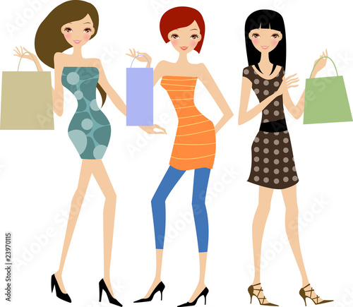 three fashion women with card and shopping bags