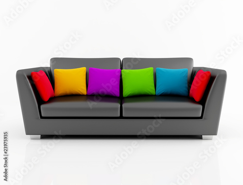 isolted black couch with colored pillow