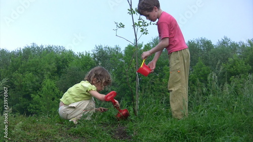 girl digging, boy watering young plant photo