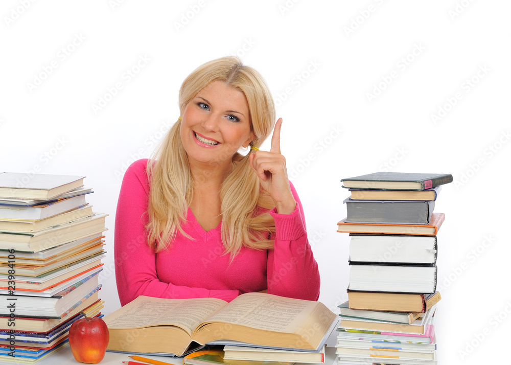 portrait of young student woman with lots of books studing portrait of young student woman with lots of books studing
