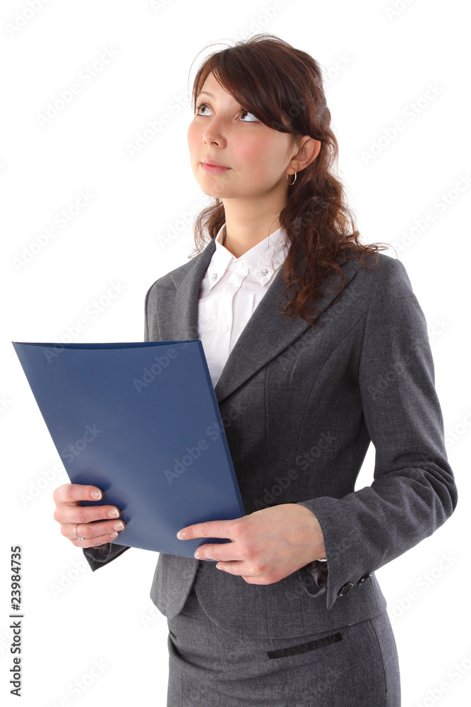Young happy smiling businesswoman with folder look up. Isolated Young happy smiling businesswoman with folder look up. Isolated
