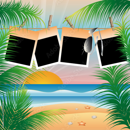 Summer beach card with photo frame, vector